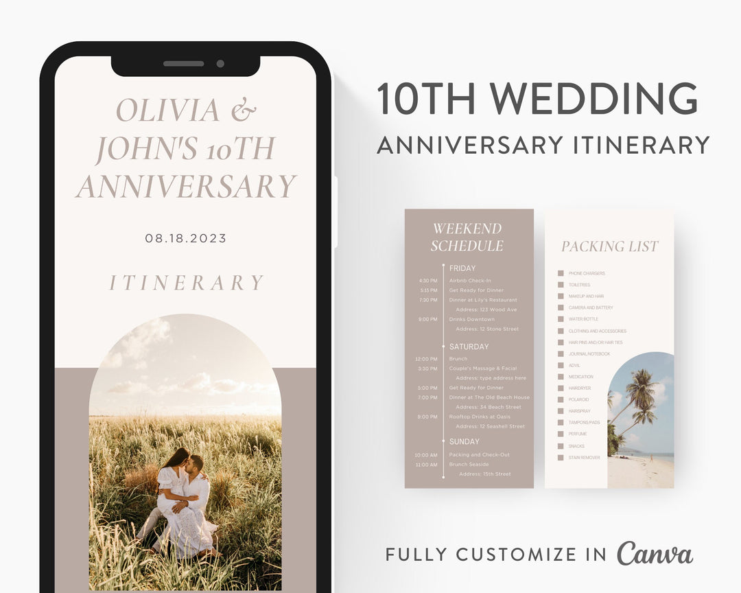 10th Anniversary Itinerary Template, Editable on Canva, Printable Editable Template, Wedding Anniversary Planner Digital Template Download