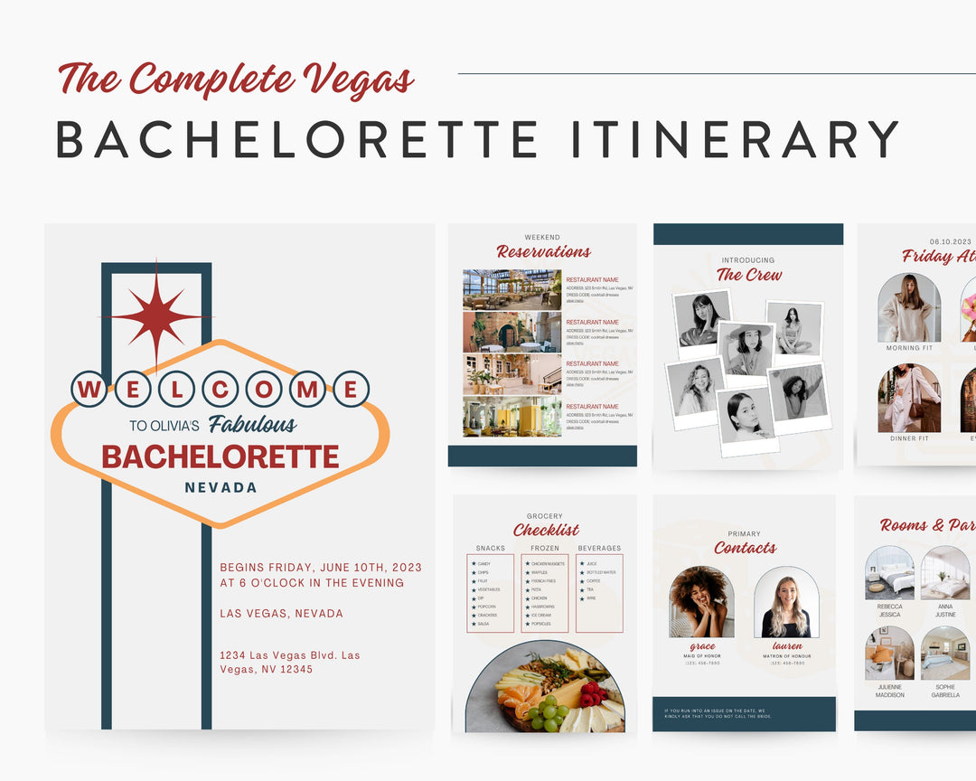 Bachelorette Itinerary Digital Template | Complete Planner | Edit on Canva | Customizable for Mobile, Desktop, Classic Vegas Themed