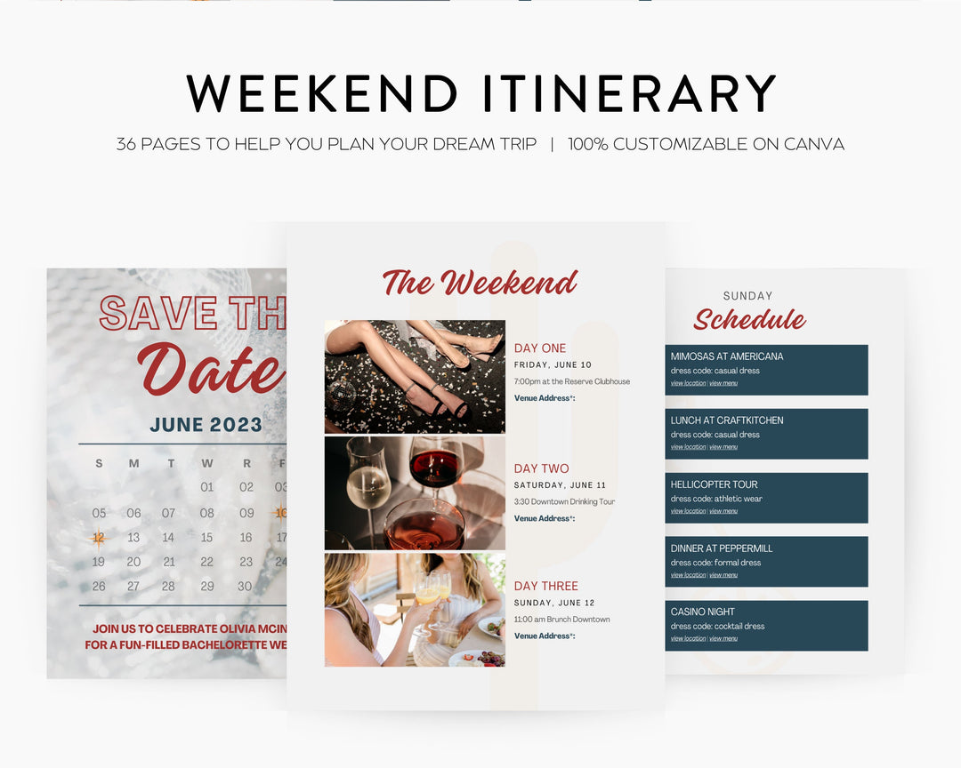 Bachelorette Itinerary Digital Template | Complete Planner | Edit on Canva | Customizable for Mobile, Desktop, Classic Vegas Themed
