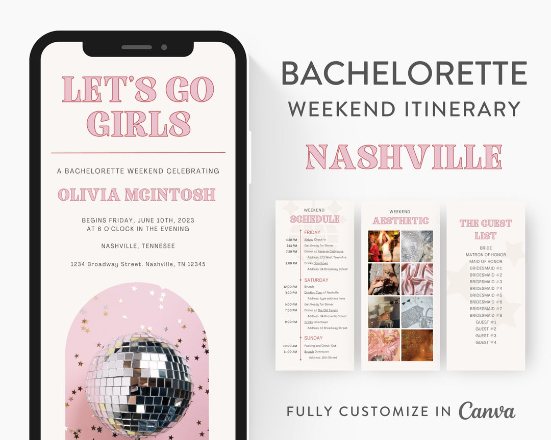 Bachelorette Itinerary Template, Nashville Themed, Editable on Canva, Printable Editable Template, Weekend Planner Digital Template Download