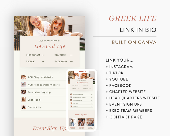 Greek Life Sorority Link In Bio Website Template | Edit on Canva