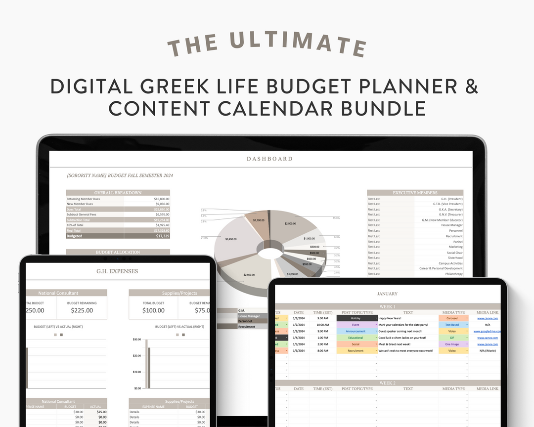 Greek Life Budget Planner & Content Calendar Bundle