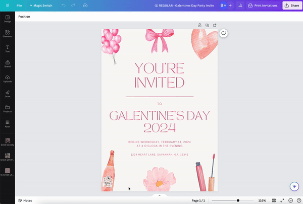 Galentine's Day Party Invitation for Printing and Mobile Use | Edit on Canva