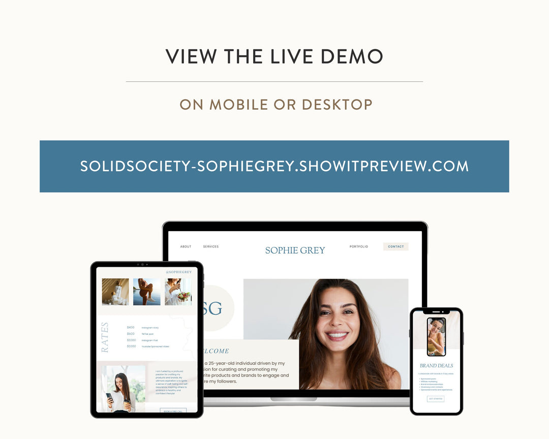 ShowIt Website Template for Social Media Marketing, Graphic Design, Coaches, Blogs, Virtual Assistant | SOPHIE GREY Theme | Modern Minimal