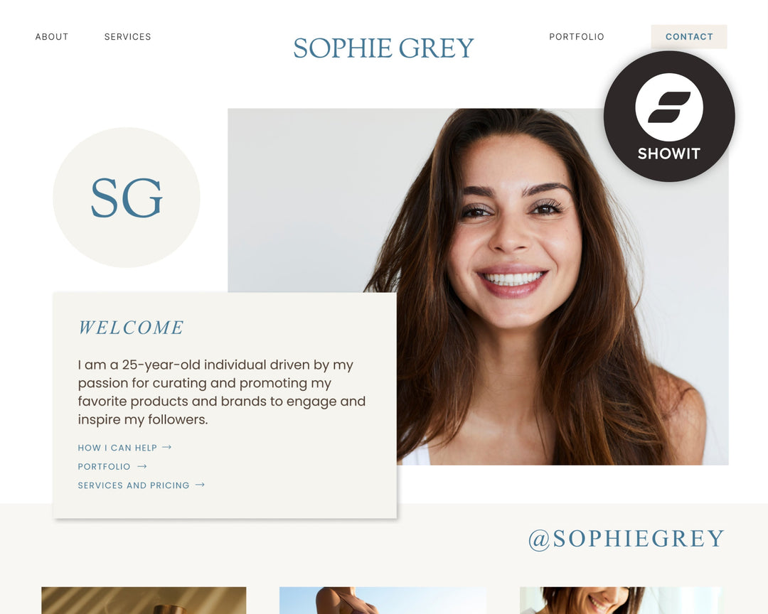 ShowIt Website Template for Social Media Marketing, Graphic Design, Coaches, Blogs, Virtual Assistant | SOPHIE GREY Theme | Modern Minimal