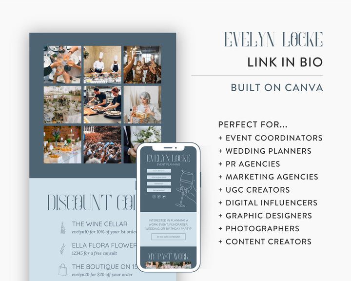 Canva Link in Bio Template for Event Planners, Public Relations, Event Coordinators, Influencers, | EVELYN LOCKE Theme | Modern Minimal