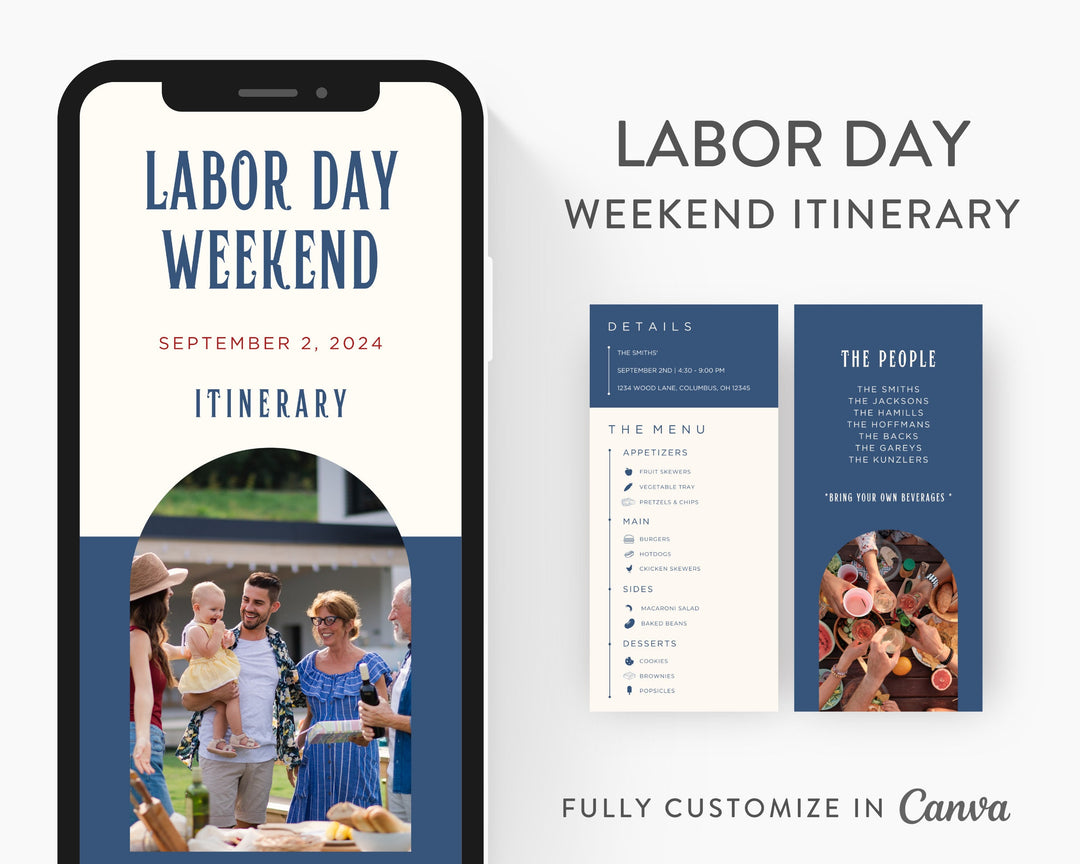 Labor Day Weekend Itinerary Template, Editable on Canva, Printable Editable Template, Labor Day Weekend Planner Digital Template Download