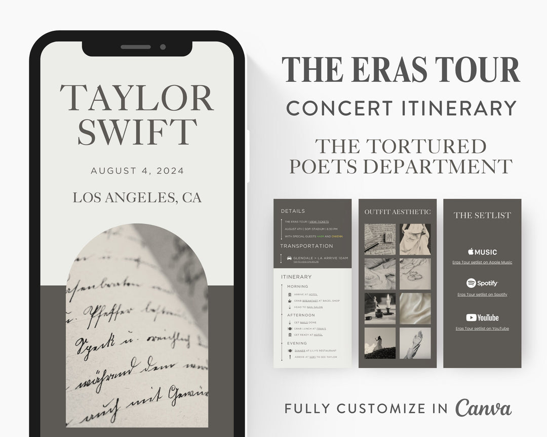 ERAS TOUR Taylor Swift Mobile Concert Template, Edit on Canva, TTPD Themed Itinerary to Customize for your next concert weekend