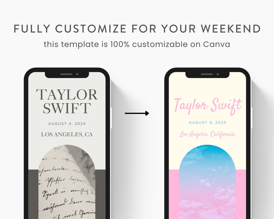 ERAS TOUR Taylor Swift Mobile Concert Template, Edit on Canva, TTPD Themed Itinerary to Customize for your next concert weekend