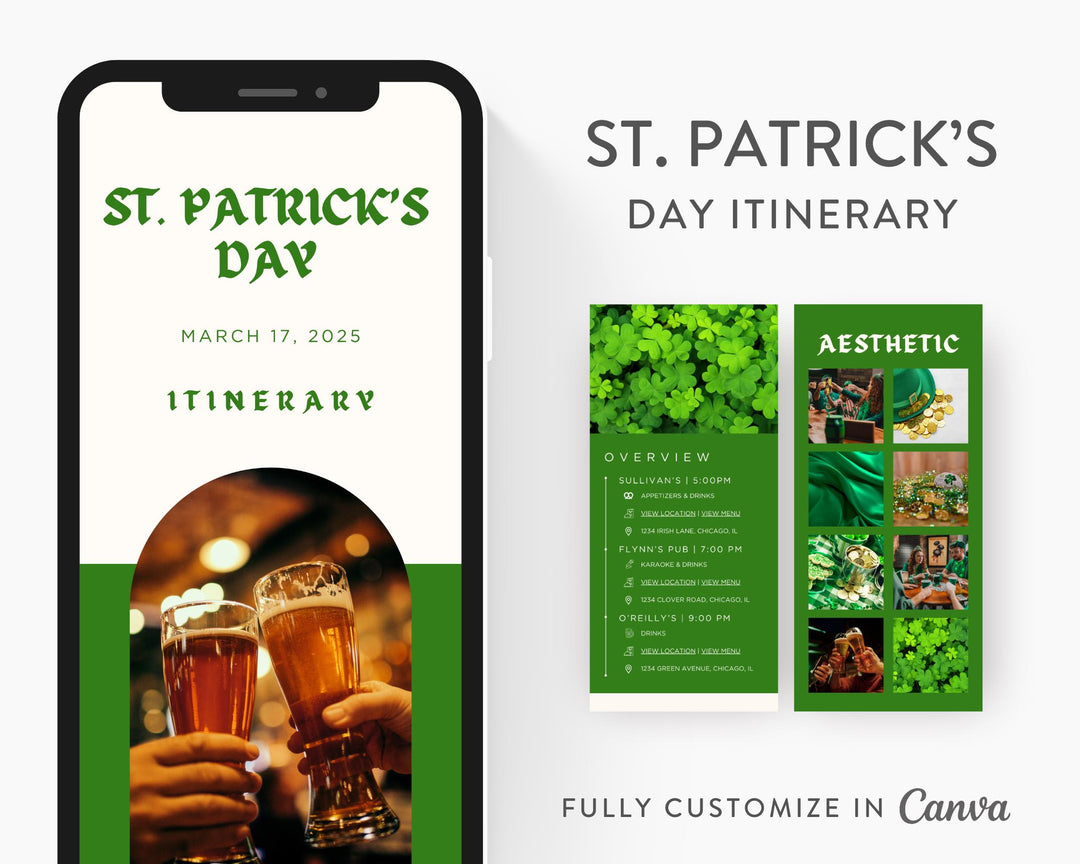 St. Patrick's Day Itinerary Template, Editable on Canva, Printable Template, St. Patty's Day Bar Crawl Planner Digital Template Download