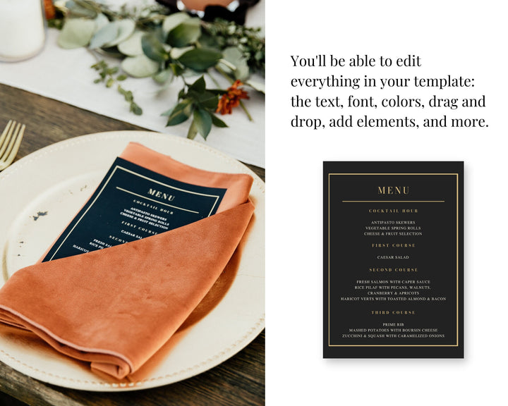 Wedding Menu Template, Minimal, Elegant Wedding Menu Card, Digital Download, Boho Modern Printable Editable Canva Template, 4x6, 5x7