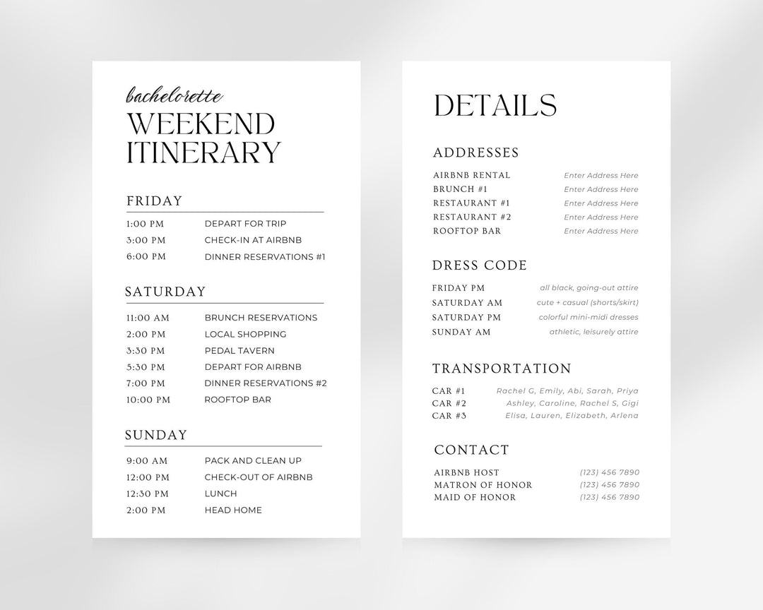 Bachelorette Itinerary Template, Editable on Canva, Printable Editable Template, Weekend Planner Digital Template Digital Download