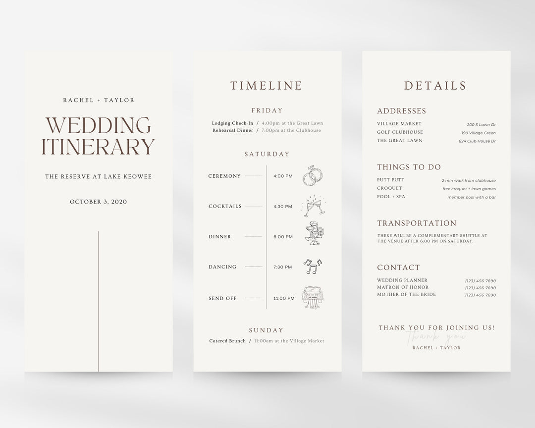 Mobile Wedding Itinerary Template Modern Minimal Classic for Guests, Editable on Canva, Printable, Wedding Planner Digital Template Download