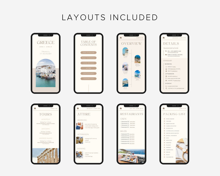 Travel Itinerary Mobile Template Modern Minimal Classic, Editable on Canva, Printable, Digital Template Download, Traveling Guide Greece