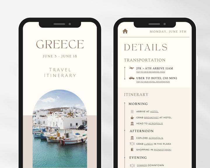 Travel Itinerary Mobile Template Modern Minimal Classic, Editable on Canva, Printable, Digital Template Download, Traveling Guide Greece
