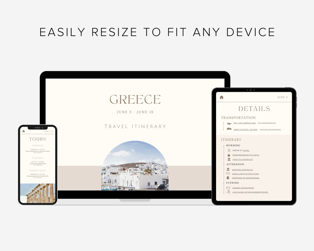 Travel Itinerary Template Modern Minimal, Desktop, iPad, Tablet, Editable on Canva, Printable, Digital Template Download, Traveling Greece