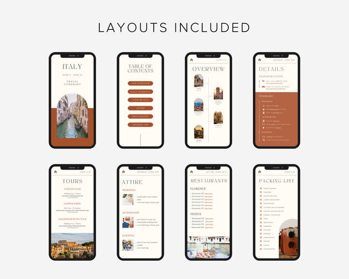 Travel Itinerary Template Mobile Modern Minimal Classic, Editable on Canva, Printable, Digital Template Download, Traveling Guide Italy