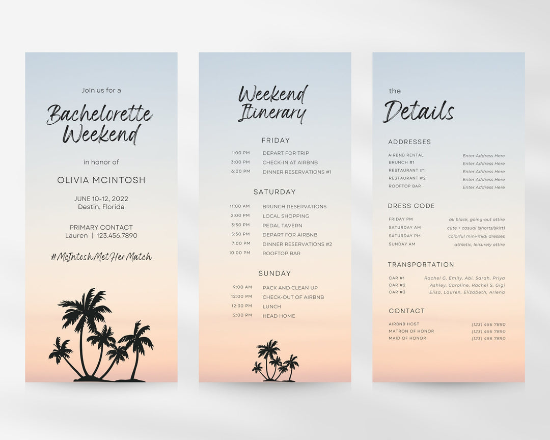 Bachelorette Itinerary Template, Beach Themed Editable on Canva, Printable Editable Template, Weekend Planner Digital Template Download