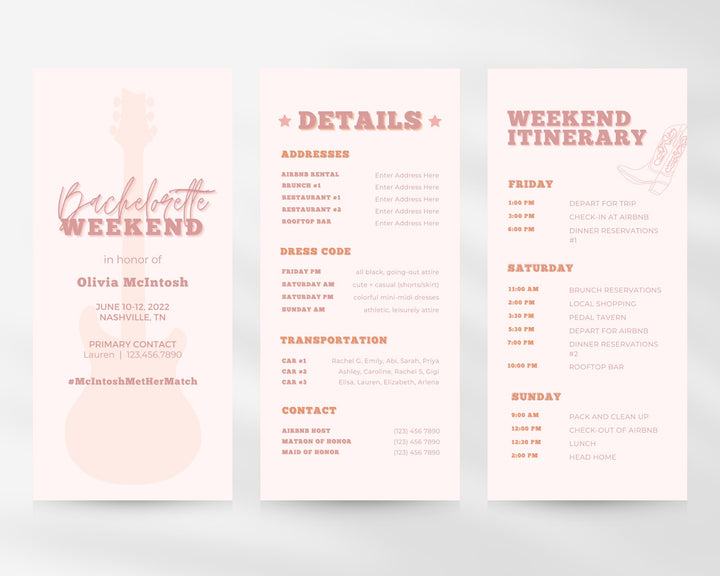 Bachelorette Itinerary Template, Pink Nashville, Editable on Canva, Printable Editable Template, Weekend Planner Digital Template Download