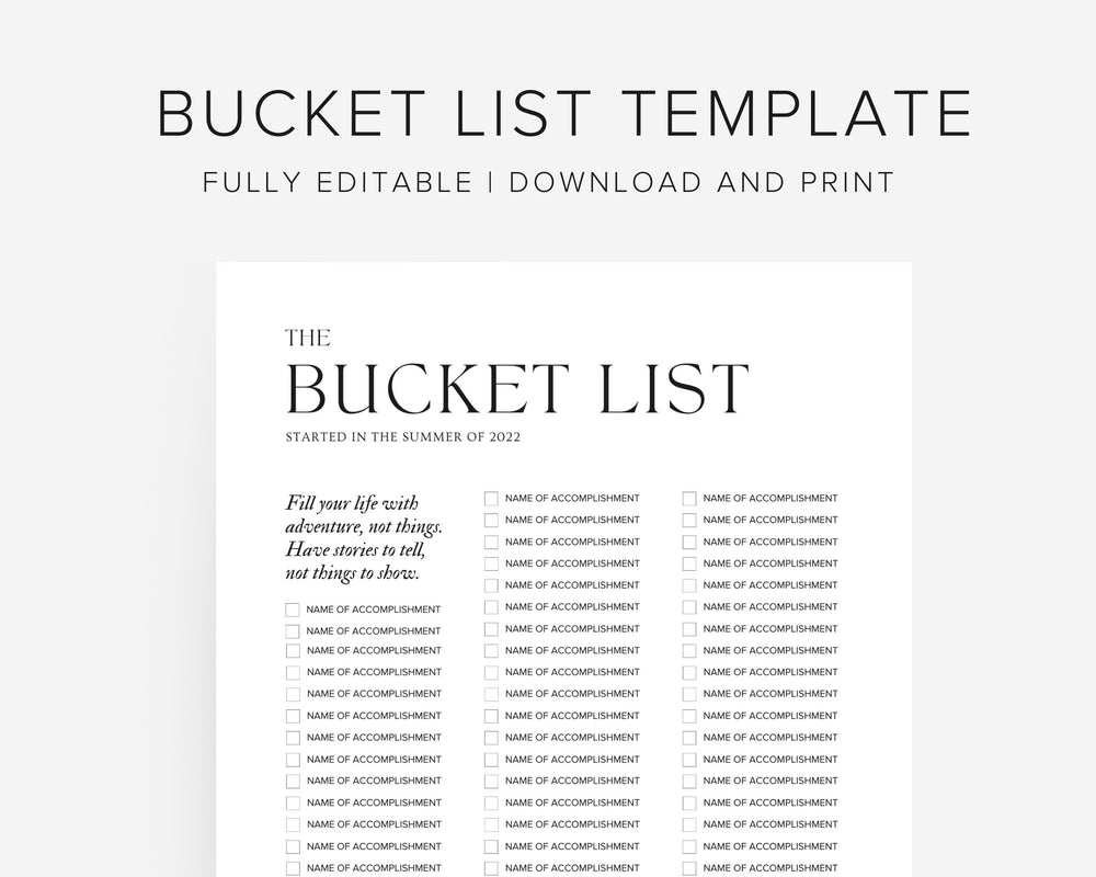 Bucket List Template, Printable Bucket List Edit on Canva, Instant Download Wall Art Travel Bucket List Tracker Custom, Modern Minimal Art
