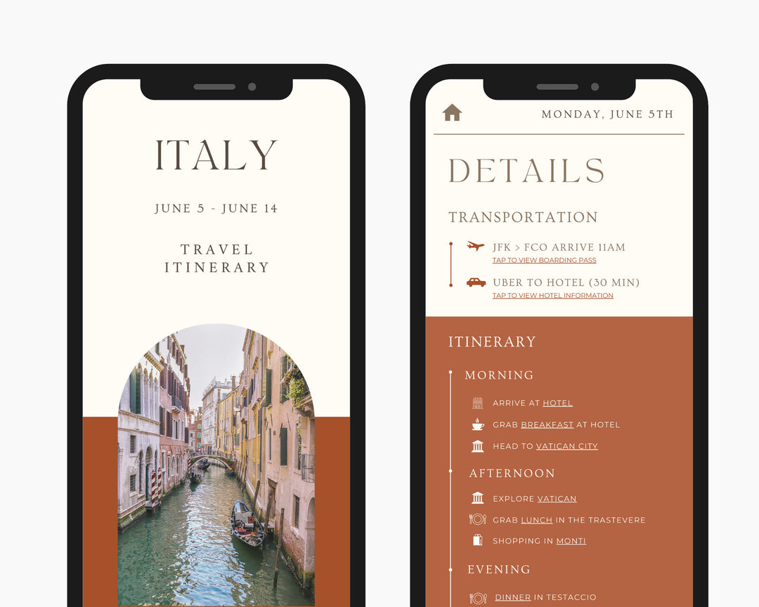 Travel Itinerary Template Mobile Modern Minimal Classic, Editable on Canva, Printable, Digital Template Download, Traveling Guide Italy