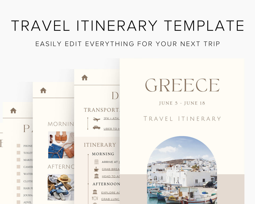 Travel Itinerary Template Modern Minimal, Desktop, iPad, Tablet, Editable on Canva, Printable, Digital Template Download, Traveling Greece