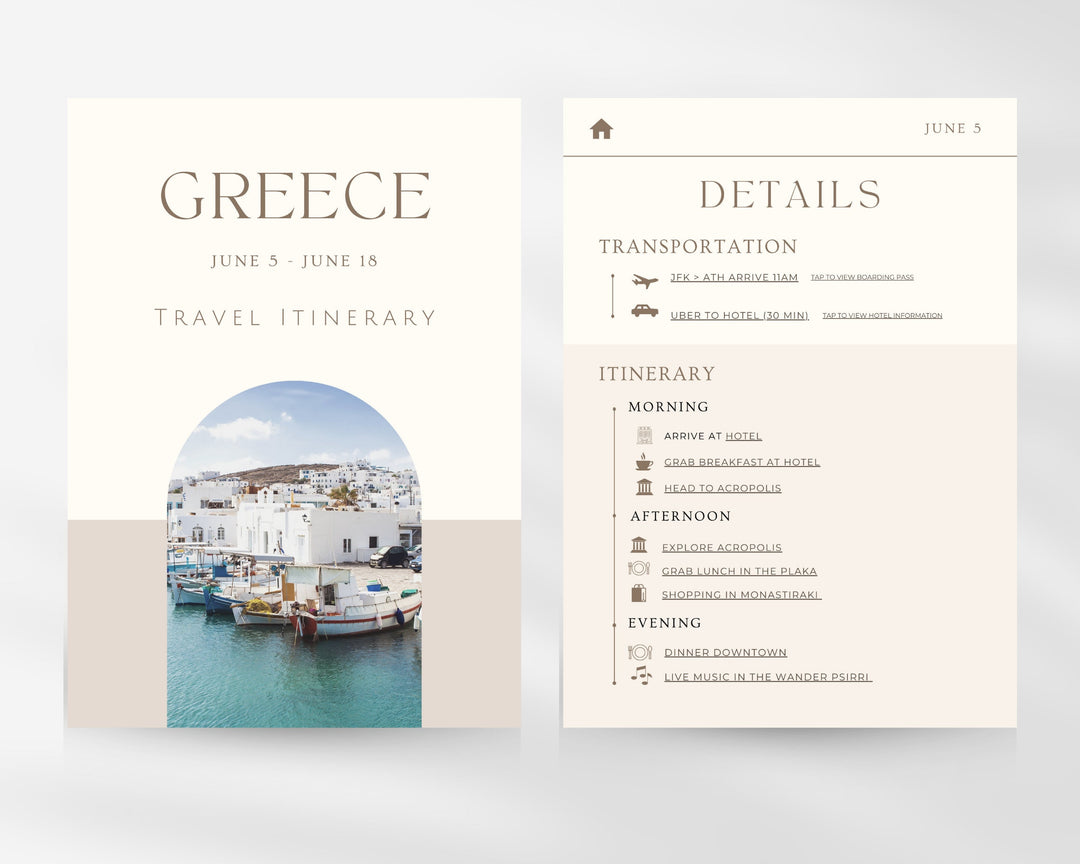 Travel Itinerary Template Modern Minimal, Desktop, iPad, Tablet, Editable on Canva, Printable, Digital Template Download, Traveling Greece