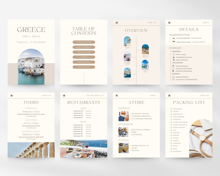 Travel Itinerary Template Modern Minimal, Desktop, iPad, Tablet, Editable on Canva, Printable, Digital Template Download, Traveling Greece