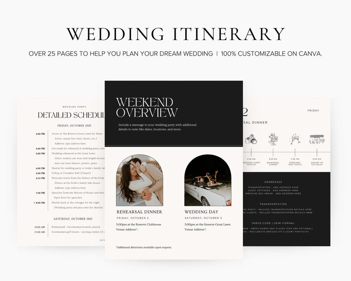 Wedding Itinerary Template 25+ Pages for Wedding Party (2.0), Canva, Printable Editable Template, Wedding Planner Digital Download