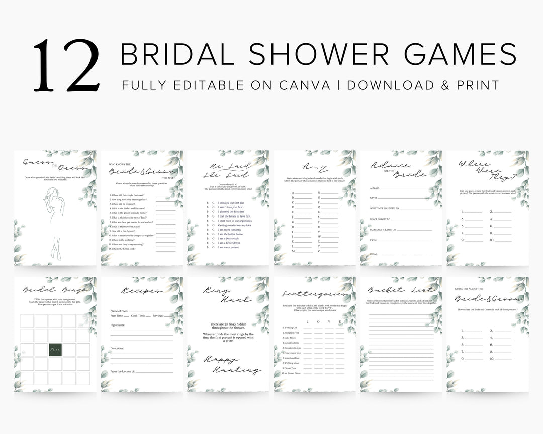Rustic Greenery Bridal Shower Games Template, Edit on Canva, Printable Download Wedding Games PDF