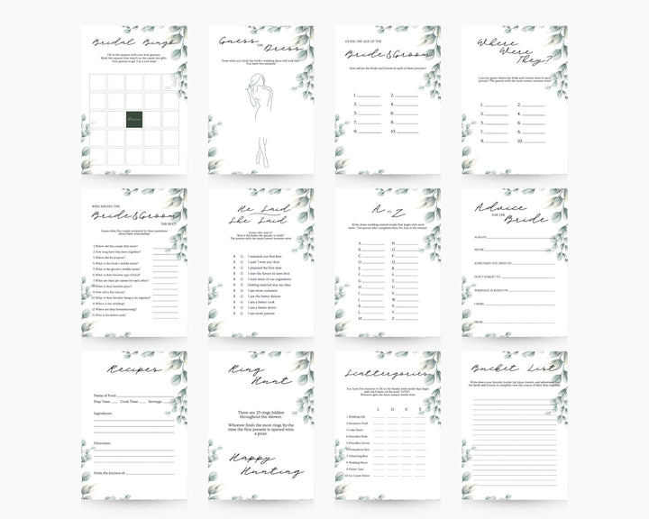 Rustic Greenery Bridal Shower Games Template, Edit on Canva, Printable Download Wedding Games PDF