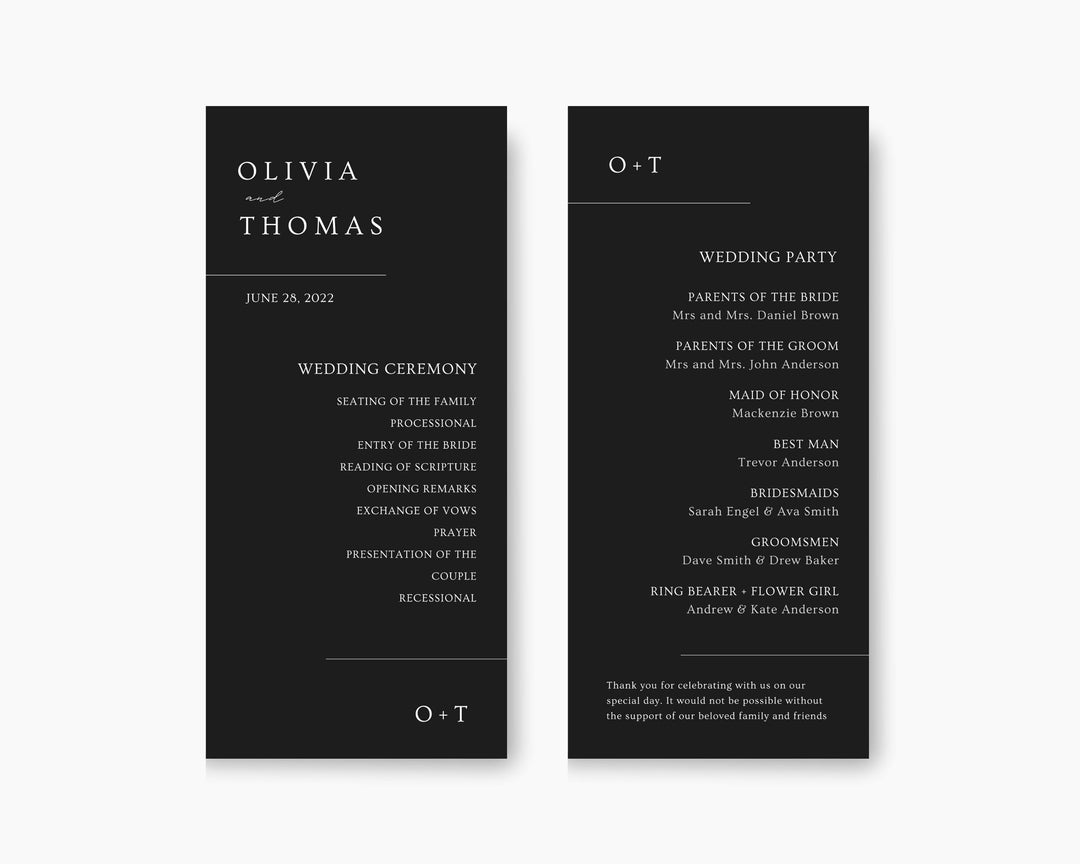 Modern Black Wedding Program, Canva Template, Editable Wedding Itinerary, Digital Download Wedding Program, Wedding Brochure Playbill