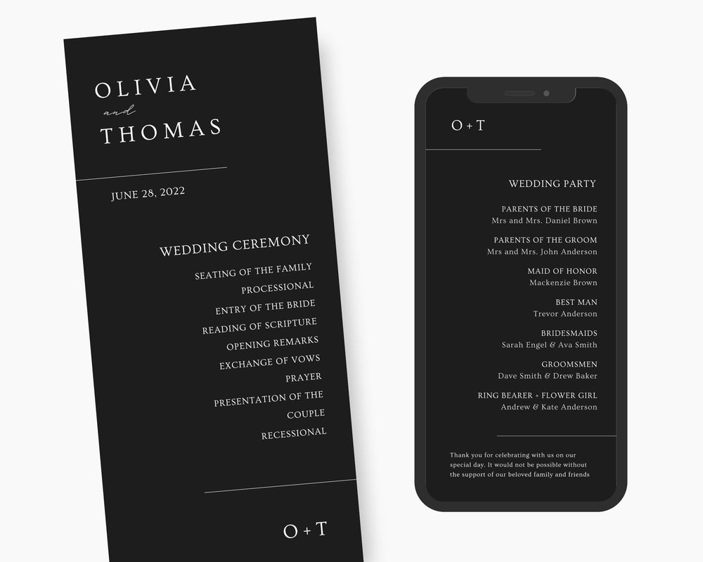 Modern Black Wedding Program, Canva Template, Editable Wedding Itinerary, Digital Download Wedding Program, Wedding Brochure Playbill