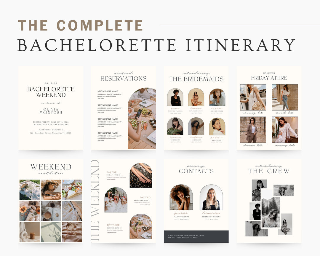 Bachelorette Itinerary Digital Template | Complete Bachelorette Planner | Edit on Canva | Customizable for Mobile, Desktop, Modern Neutral