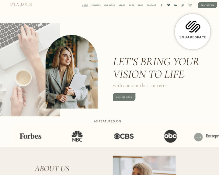 SQUARESPACE Website Template for Social Media Marketing, Graphic Design, Coaches, Blogs, E-Commerce | LYLA JAMES Theme | Modern Minimal