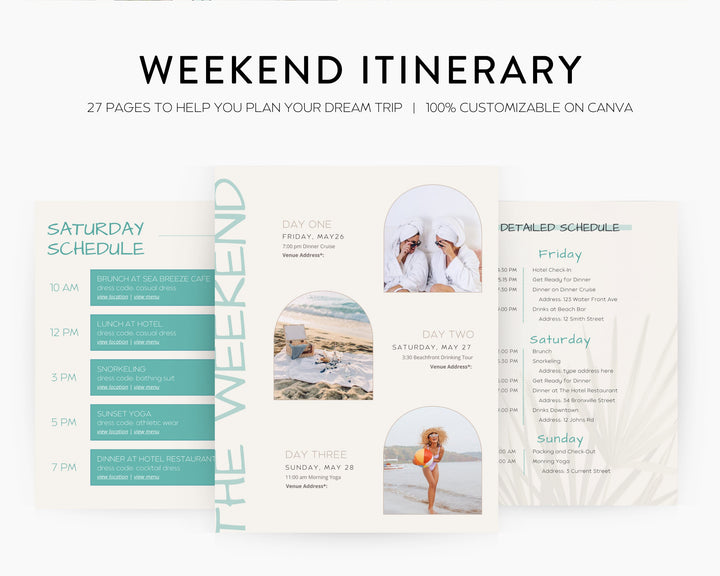 Bachelorette Itinerary Digital Template Beach Theme | Complete Planner | Edit on Canva | Customizable for Mobile, Desktop, Modern Neutral