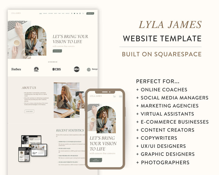 SQUARESPACE Website Template for Social Media Marketing, Graphic Design, Coaches, Blogs, E-Commerce | LYLA JAMES Theme | Modern Minimal