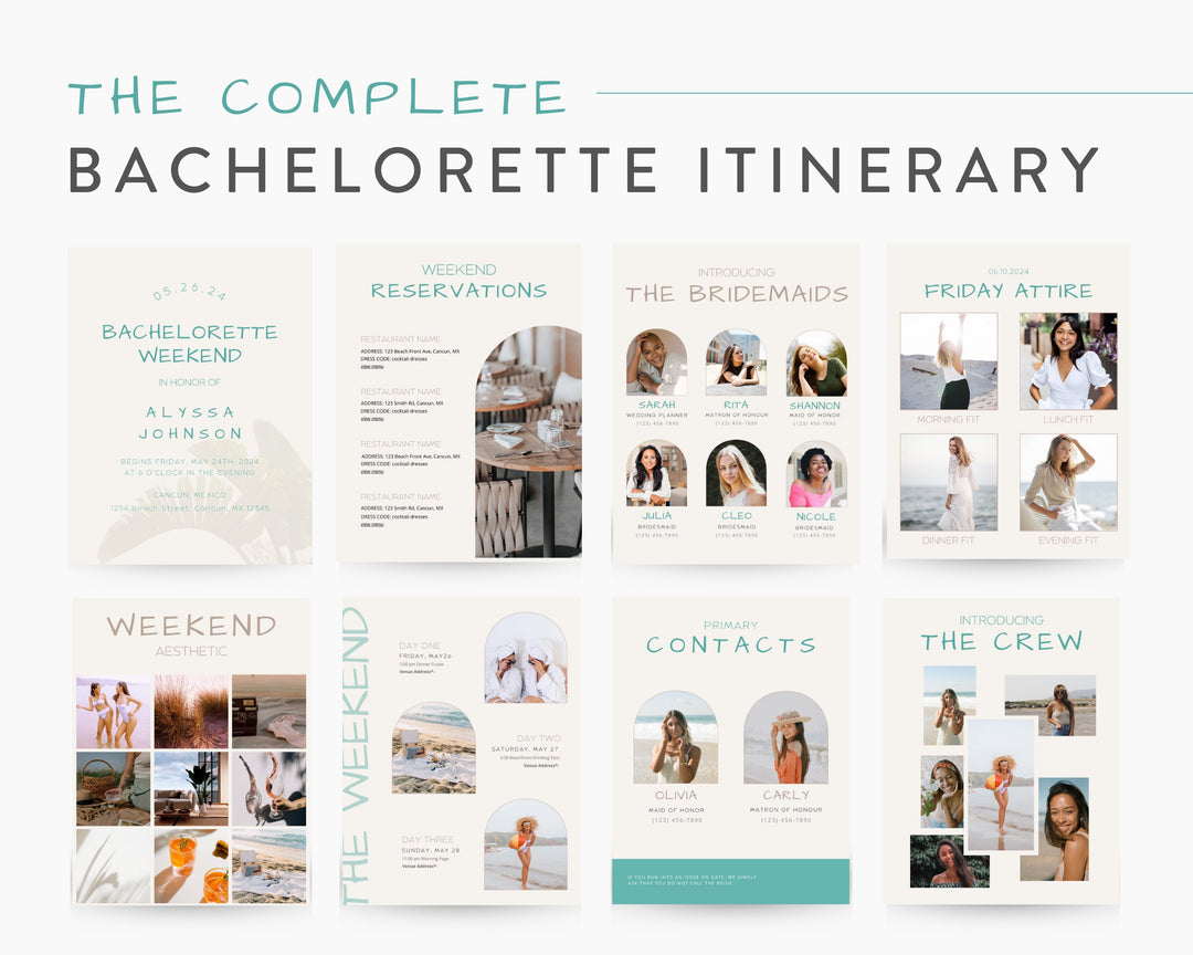 Bachelorette Itinerary Digital Template Beach Theme | Complete Planner | Edit on Canva | Customizable for Mobile, Desktop, Modern Neutral