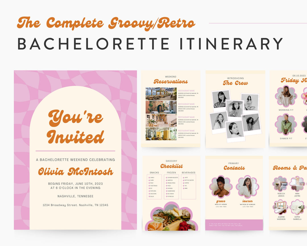 Bachelorette Itinerary Digital Template | Complete Planner | Edit on Canva | Customizable for Mobile, Desktop, Groovy Retro