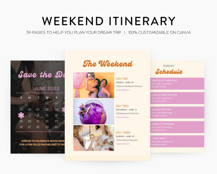 Bachelorette Itinerary Digital Template | Complete Planner | Edit on Canva | Customizable for Mobile, Desktop, Groovy Retro