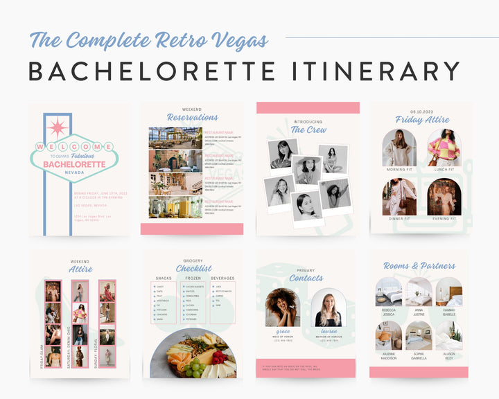 Bachelorette Itinerary Digital Template | Complete Planner | Edit on Canva | Customizable for Mobile, Desktop, Groovy Retro Pink for Vegas