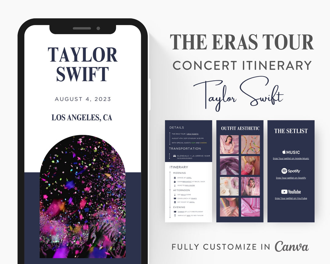 ERAS TOUR Taylor Swift Mobile Concert Template, Edit on Canva, Eras Tour Themed Itinerary to Customize for your next concert weekend