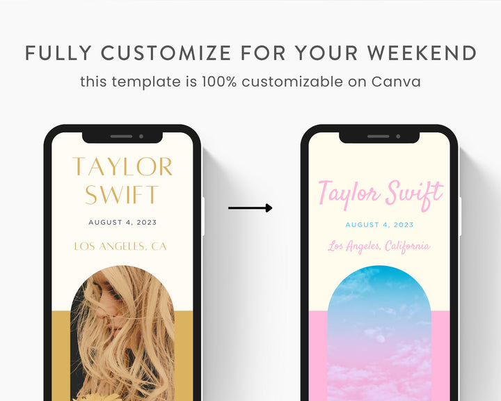 ERAS TOUR Taylor Swift Mobile Concert Template, Edit on Canva, Fearless Themed Itinerary to Customize for your next concert weekend