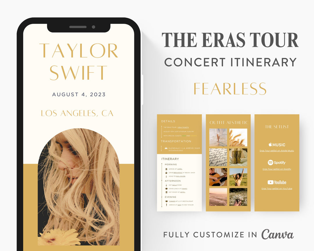ERAS TOUR Taylor Swift Mobile Concert Template, Edit on Canva, Fearless Themed Itinerary to Customize for your next concert weekend