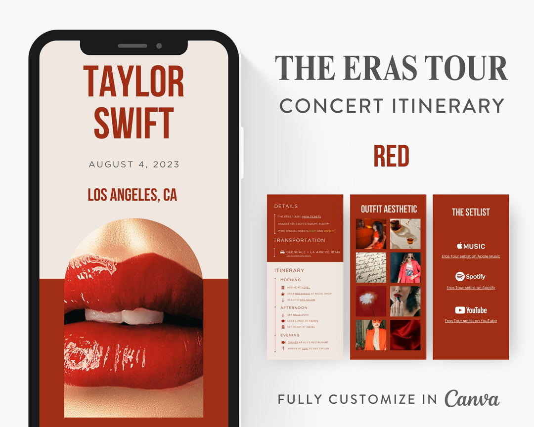 ERAS TOUR Taylor Swift Mobile Concert Template, Edit on Canva, Red Themed Itinerary to Customize for your next concert weekend