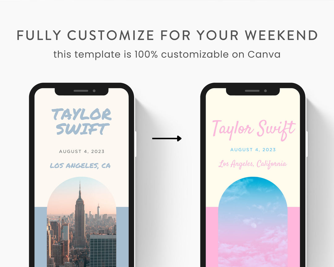 ERAS TOUR Taylor Swift Mobile Concert Template, Edit on Canva, 1989 Themed Itinerary to Customize for your next concert weekend