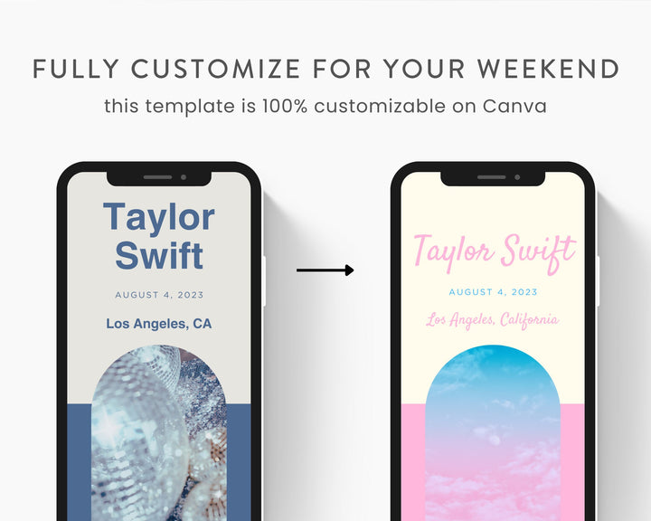 ERAS TOUR Taylor Swift Mobile Concert Template, Edit on Canva, Midnights Themed Itinerary to Customize for your next concert weekend