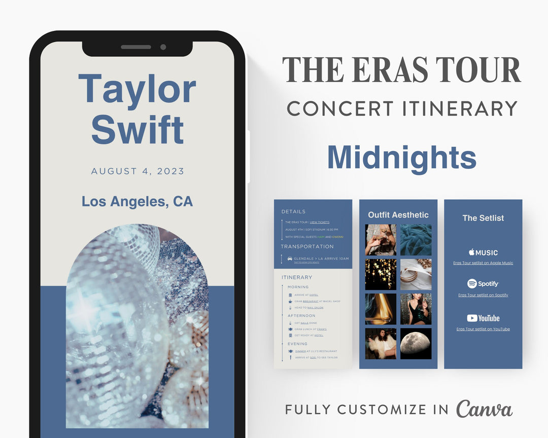 ERAS TOUR Taylor Swift Mobile Concert Template, Edit on Canva, Midnights Themed Itinerary to Customize for your next concert weekend