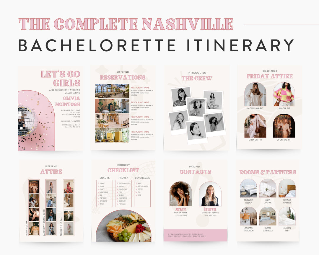 Nashville Bachelorette Itinerary Digital Template | Complete Bachelorette Planner | Edit on Canva | Customizable, Pink, Modern, Yeehaw
