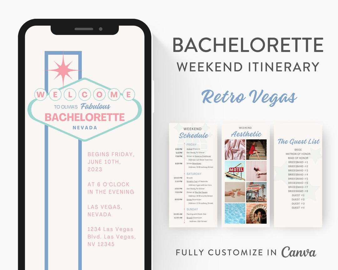 Bachelorette Itinerary Template, Retro Vegas, Editable on Canva, Printable Editable Template, Weekend Planner Digital Template Download